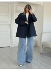 Lacivert Kareli Oversize Ceket