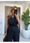 LACİVERT KETEN BLUZ PANTOLON TAKIM