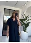 LACİVERT KETEN KISA KOL V YAKA ELBİSE