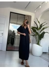 LACİVERT KETEN KISA KOL V YAKA ELBİSE