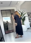 LACİVERT KETEN KISA KOL V YAKA ELBİSE
