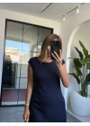 LACİVERT KISA KOL KETEN ELBISE
