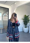 LACİVERT KRUVAZE ZİNCİR DESEN SATEN PANTOLON TAKIM