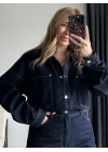 Lacivert Önü Düğmeli Cepli Oversize Denim Takım