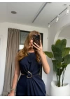 LACİVERT PENCERE DETAY YUMOŞ DOKULU ELBİSE