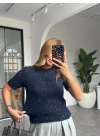 LACİVERT PUL DETAYLI KISA KOL TRİKO