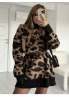 Leopar Desen Boğazlı Oversize Kazak