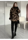 Leopar Desen Boğazlı Oversize Kazak