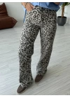 Leopar Desenli Straight Fit Yüksek Bel Pantolon