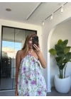 LİLA ÇİÇEKLİ BOYUNDAN BAĞLAMALI ŞİFON ELBİSE