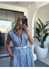 MAVİ ÇİZGİLİ KEMERLİ POPLİN ELBİSE