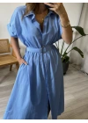 Mavi Kemerli Kısa Kol Poplin Elbise