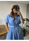 Mavi Kemerli Kısa Kol Poplin Elbise