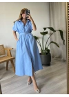 Mavi Kemerli Kısa Kol Poplin Elbise