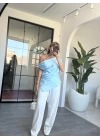 MAVİ TEK OMUZ BROŞLU BLUZ