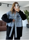 Mavi Triko Detay Oversize Jean Ceket