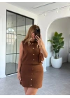MOCHA GOLD DÜĞME DETAYLI TRİKO ETEK BLUZ TAKIM