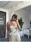 PASTEL SARI STRAPLEZ FULARLI ELBİSE