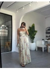 PASTEL SARI STRAPLEZ FULARLI ELBİSE