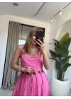 PEMBE ASKILI SAÇAKLI ELBİSE
