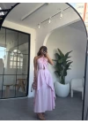 PEMBE BOYUNDAN BAĞLAMALI PENCERE DETAYLI POPLİN ELBİSE