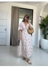 PEMBE ÇİÇEKLİ MÜSLİN BELİ LASTİKLİ ELBİSE