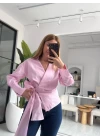 Pembe Çizgili Yandan Bağlamalı Gömlek