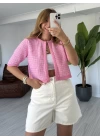 Pembe Crop Triko Hırka