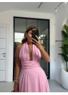 PEMBE DEKOLTE DETAY ASKILI ELBİSE