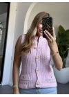 PEMBE GOLD DÜĞME DETAYLI SAÇ ÖRGÜ DETAYLI YELEK