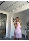 PEMBE GÜPÜR DETAYLI BELİ LASTİKLİ ELBİSE