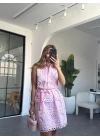 PEMBE GÜPÜR DETAYLI BELİ LASTİKLİ ELBİSE