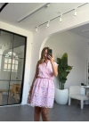 PEMBE GÜPÜR DETAYLI BELİ LASTİKLİ ELBİSE