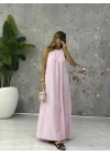 PEMBE  HALTER YAKA SIRT DETAY ELBİSE
