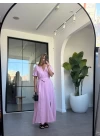 PEMBE KRUVAZE BAĞLAMALI MÜSLİN ELBİSE