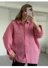 Pembe Oversize V Yaka Düşük Omuz Gömlek