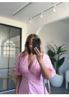 PEMBE V YAKA BALON KOL FİSTO ELBİSE