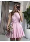 PEMBE VOLANLI KUŞAKLI KETEN ELBİSE