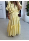 SARI BELİ LASTİKLİ PİLİLİ ELBİSE