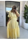 SARI BELİ LASTİKLİ PİLİLİ ELBİSE