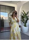 SARI ÇİÇEK DESEN KEMERLİ ELBİSE