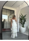 SARI ÇİÇEKLİ KAT KAT ARKASI BAĞLAMALI ELBİSE
