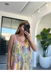 SARI ÇİÇEKLİ ŞİFON ELBİSE