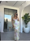 SARI ÇİÇEKLİ V YAKA ŞİFON ELBİSE