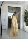 SARI ETEĞİ FIRFIRLI ŞİFON ELBİSE