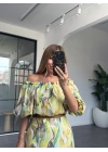 SARI KARIŞIK DESEN BALON KOL CROP ETEK TAKIM