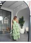 SARI MAVİ ÇİÇEKLİ KAT KAT ELBİSE