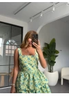 SARI MAVİ ÇİÇEKLİ KAT KAT ELBİSE