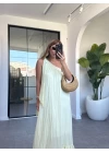 SARI TEK OMUZ BAĞLAMALI ELBİSE