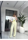 SARI YÜKSEK BEL DÖKÜMLÜ PANTOLON